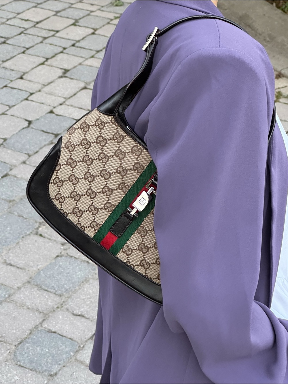 Gucci Jackie 1961 GG Canvas Monogram Shoulder Bag with Green & Red Stripe